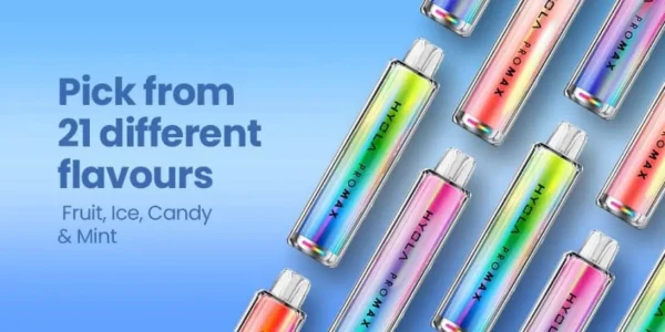 Hyola Pro Max 8000 flavour range with multiple rainbow-finish devices arranged on a blue background showing the full 21-plus flavour selection
