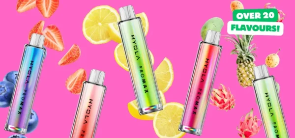 Hyola Pro Max 8000 promotional banner on bright pink background showing over 20 flavours with fruit imagery and rainbow-finish devices