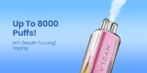 Hyola Pro Max 8000 banner showing Up To 8000 Puffs MTL Mouth To Lung Vaping with a single pink device on a blue gradient background