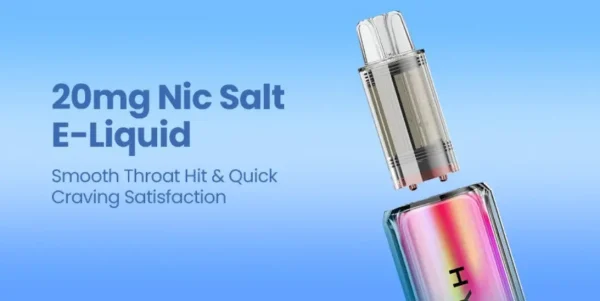 Hyola Pro Max 8000 refill pod shown being removed from device against a blue background with 20mg Nic Salt E-Liquid and Smooth Throat Hit text
