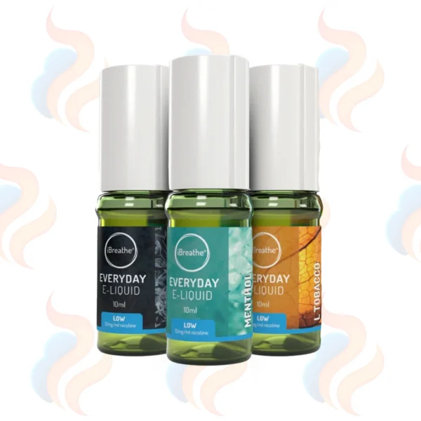 iBreathe Everyday 10ml e-liquid bottles in Black Ice, Menthol and L-Tobacco