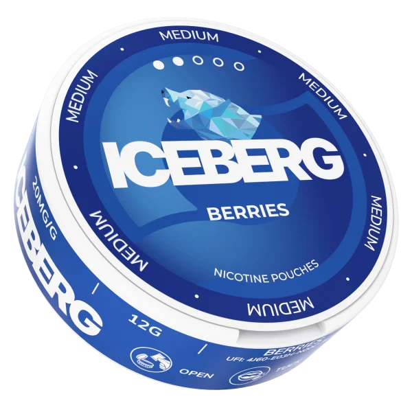 Iceberg Berries nicotine pouch can showing the brand's geometric polar bear design on blue label