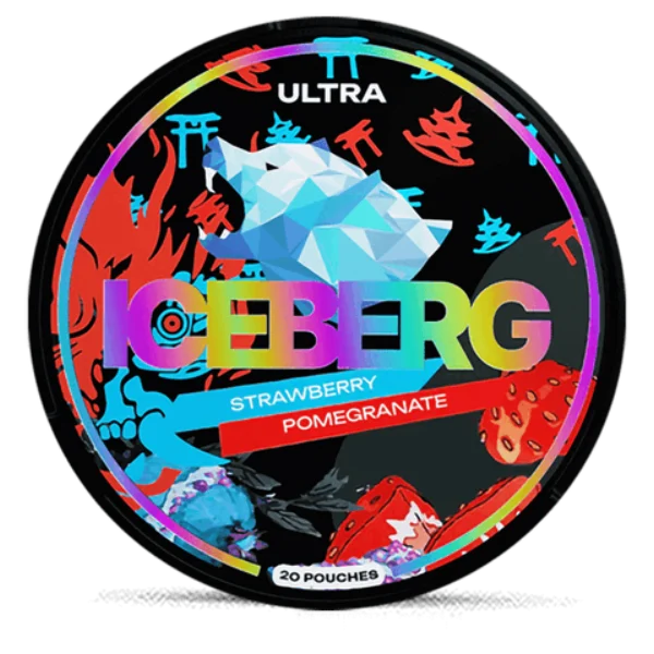 Iceberg Strawberry Pomegranate Ultra nicotine pouch can showing the brand's bold neon artwork on dark background