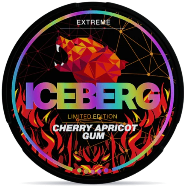 Iceberg Cherry Apricot Gum Extreme nicotine pouch can showing bold neon design with polar bear logo