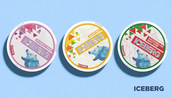 Iceberg nicotine pouch range showing Bubble Gum, Crazy Mix and Watermelon Mint Gum cans on a light blue background