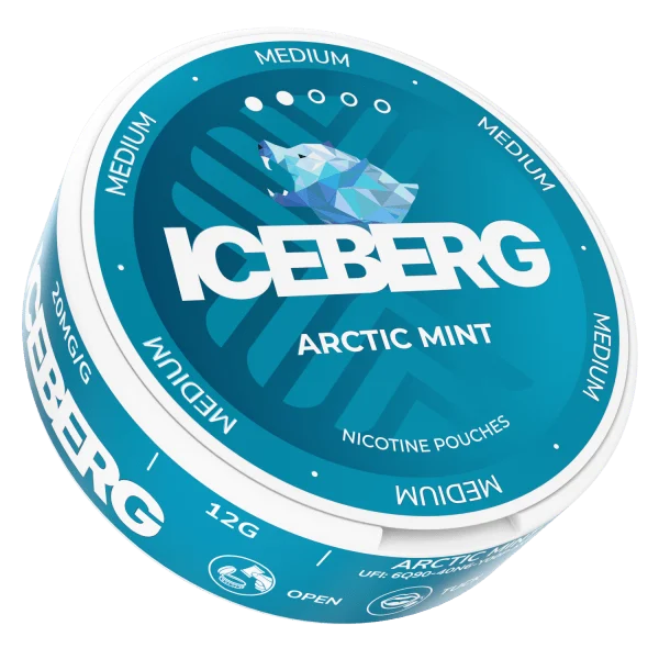 Iceberg Arctic Mint nicotine pouch can, medium strength, showing the brand's teal design with polar bear logo and strength indicator ring