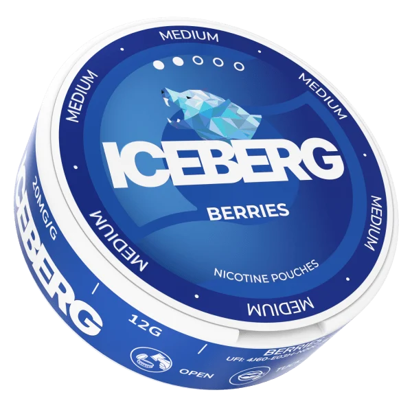 Iceberg Berries nicotine pouch can, medium strength, showing the brand's characteristic blue circular design with polar bear logo
