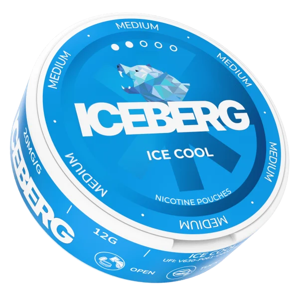 Iceberg Ice Cool nicotine pouch can, medium strength, showing the brand's teal blue circular design with polar bear logo