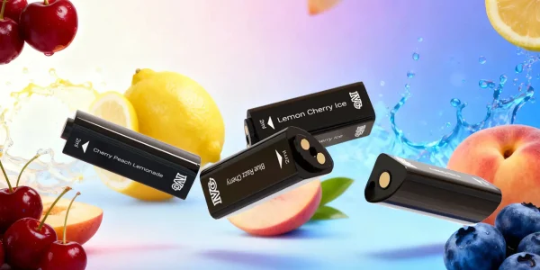 IVG 2400 2-in-1 reload pods in Cherry Peach Lemonade, Lemon Cherry Ice and Blue Razz Cherry among fresh fruit
