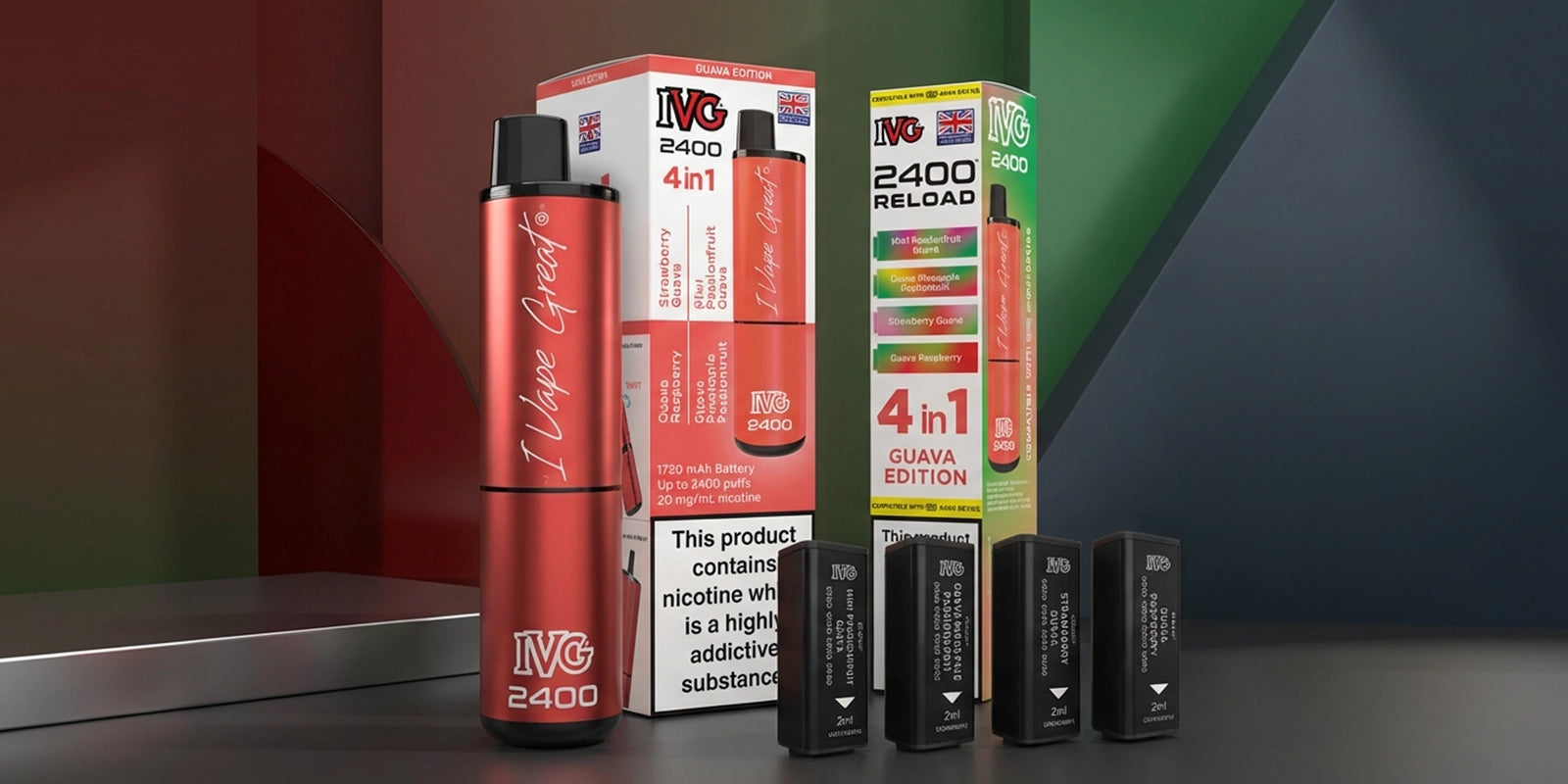 IVG 2400 4-in-1 device, retail pack and four reload pods, 1720mAh and 2400 puffs