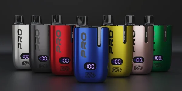 IVG Pro 2 pod kit lineup in seven colours: silver, gunmetal, red, blue, yellow, pink, green, all with LED puff displays
