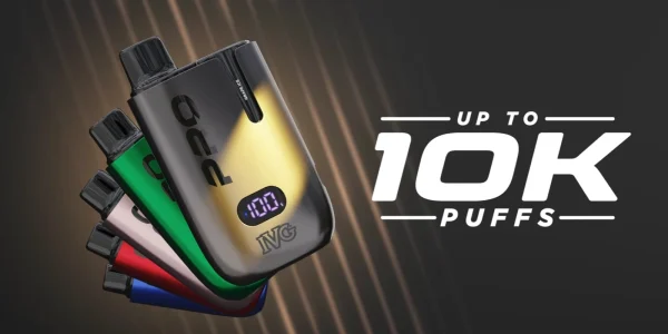 IVG Pro 2 pod kit in multiple colours fanned out, banner reads up to 10K puffs