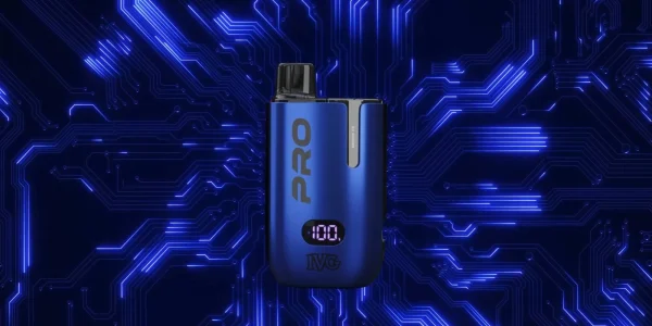 IVG Pro 2 pod kit in blue shown on a glowing circuit board background