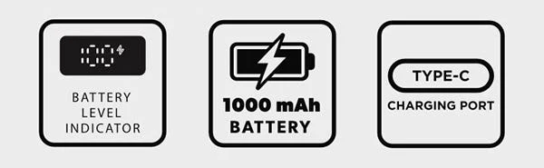 IVG Pro 2 spec icons: battery level indicator, 1000mAh battery and Type-C charging port