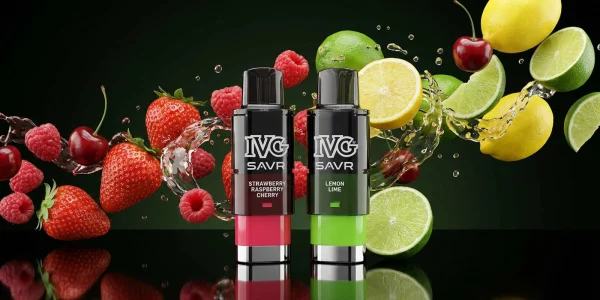 IVG SAVR refill pods in Strawberry Raspberry Cherry and Lemon Lime among the flavour range