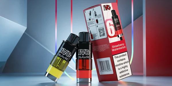 IVG SAVR refill pods, the 2ml auto-fill pod and 4ml refill, beside a Strawberry Watermelon pack