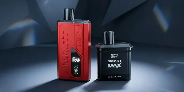 IVG Smart Max device with its LED display, shown beside a Smart Max refill pod