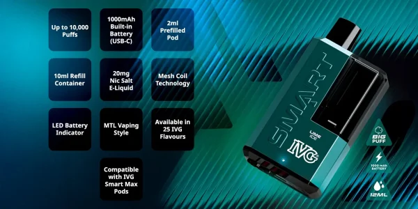 IVG Smart Max spec overview: 10,000 puffs, 1000mAh, 2ml pod, 10ml refill, mesh coil, LED indicator