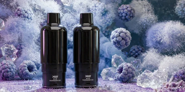 IVG XL 35K refill pods in Blue Raspberry Ice on a frosted, icy backdrop