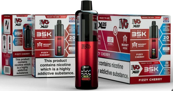 IVG XL 35K device and retail packaging listing 35K puffs, dual mesh coil, 20mg and LED screen