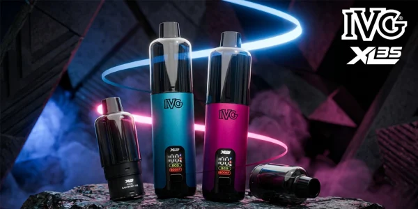 IVG XL 35K refill pod with two XL 35K devices showing the ECO and Boost screens
