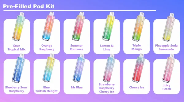 Juicy Pod Novamax 10K prefilled pod kit flavour line-up shown across the coloured device range