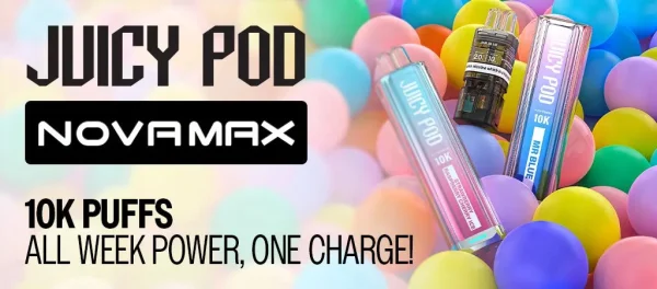 Juicy Pod Novamax 10K prefilled pod kit, rechargeable 10,000 puff device with prefilled pods, all week power on one charge