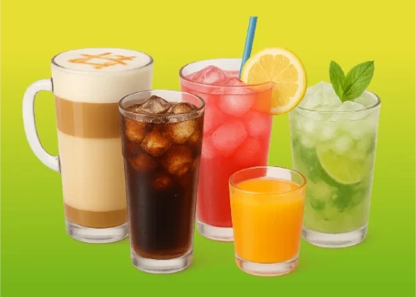 Cola, lemonade, iced coffee and fresh juice drinks on a yellow-green gradient - Just Juice Bar Saltfill flavour range including Cola, Kiwi Cooler and lemonade options