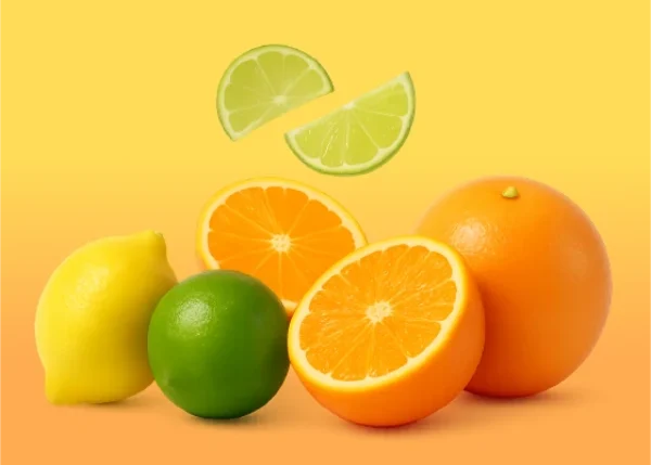 Citrus fruits including lemon, lime and orange on a vibrant yellow-orange gradient background - Just Juice Bar Salts citrus and lemonade flavour range