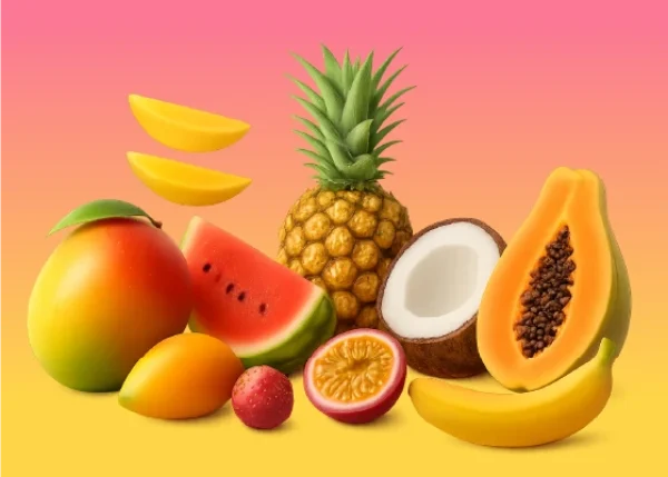 Tropical fruits including mango, pineapple, coconut, watermelon and papaya on a warm gradient background  -  Just Juice Mango Passion and tropical range