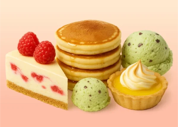 Pastries, cakes and dessert items on a vivid gradient background - representing the Just Juice Desserts nic salt range including Lemon Tart, Key Lime Pie, Banoffee Pie and Strawberry Cheesecake