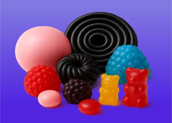 Colourful sweets, candies and confections on a vivid gradient - complementing the Just Juice Desserts range sweet and indulgent flavour character