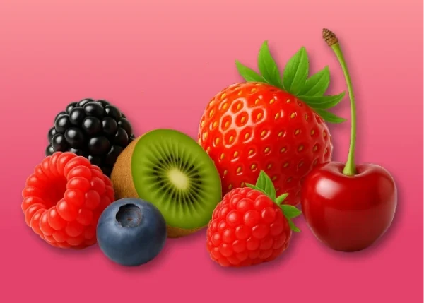 Assorted berries and summer fruits on a vivid background - representing the Just Juice Berry Burst and Exotic Fruits 10ml e-liquid range