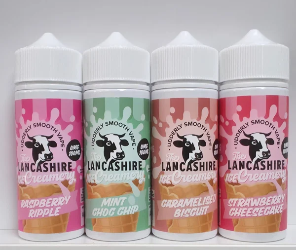 Lancashire Ice Creamery 100ml shortfill bottles lined up: Mint Choc Chip (green label), Caramelised Biscuit (peach label), Strawberry Cheesecake (pink label)