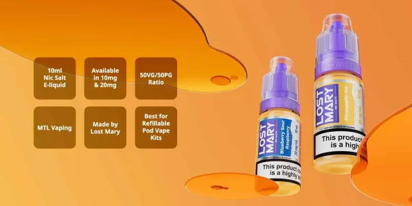 Lost Mary nic salt at a glance: 10ml, 5mg/10mg/20mg, 50/50, MTL, best for refillable pod kits