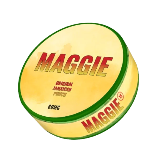 Maggie Cherry Tonic Wine Original Jamaican nicotine pouch can, gold and green Jamaican-themed design