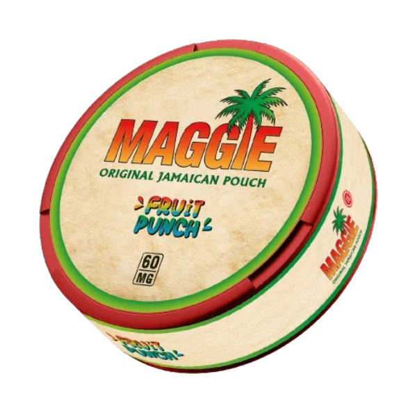 Maggie Fruit Punch Original Jamaican nicotine pouch can, tropical red and green Caribbean design