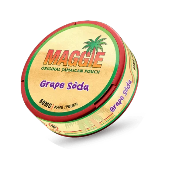 Maggie Grape Soda Original Jamaican nicotine pouch can, 60mg label with 45mg per pouch