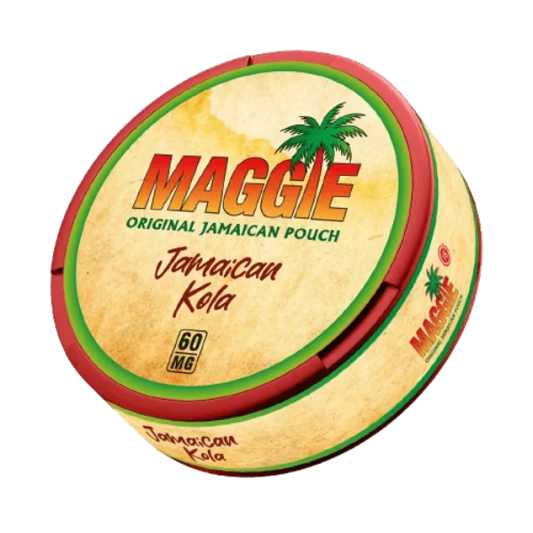 Maggie Jamaican Kola Original Jamaican nicotine pouch can, warm Jamaican-themed gold and green design
