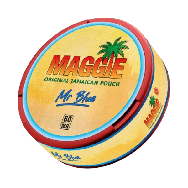 Maggie Mr Blue Original Jamaican nicotine pouch can, blue and yellow tropical Caribbean design