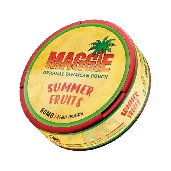 Maggie Summer Fruits Original Jamaican nicotine pouch can, bright 60mg and 45mg per pouch label visible