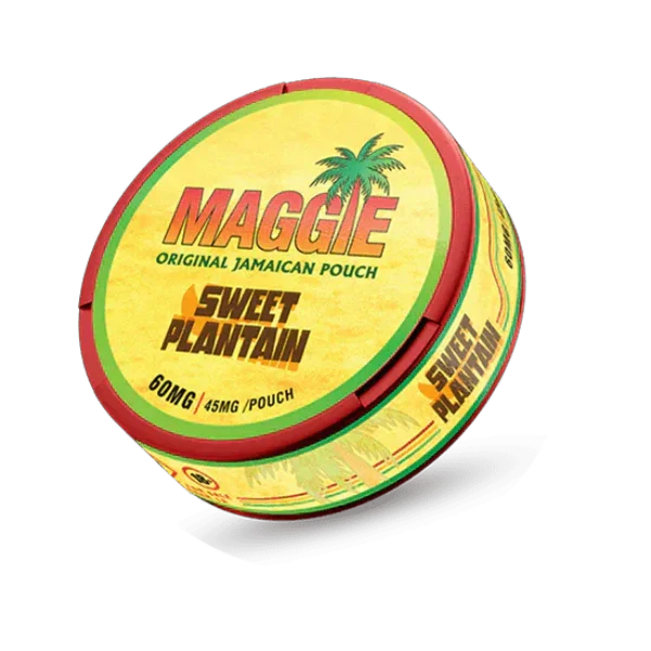 Maggie Sweet Plantain Original Jamaican nicotine pouch can, 60mg and 45mg per pouch label