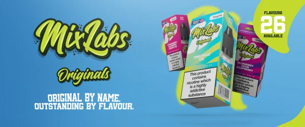 Mix Labs Originals brand banner: "Original by name. Outstanding by flavour." with nicotine salt packs showing Pineapple Ice, Strawberry Raspberry Cherry Ice and Blueberry Sour Raspberry on blue background