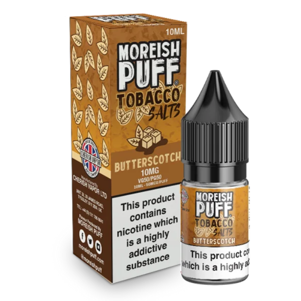 Moreish Puff Tobacco Salts Butterscotch 10ml nic salt pack and bottle