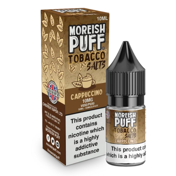 Moreish Puff Tobacco Salts Cappuccino 10ml nic salt pack and bottle