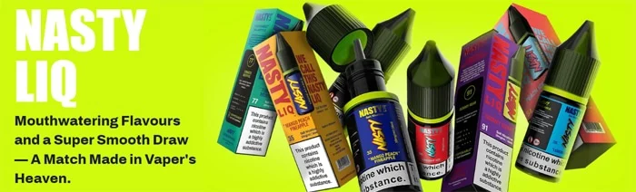 Nasty Liq nic salt e-liquid range banner with 10ml bottles and bar-style flavour packs