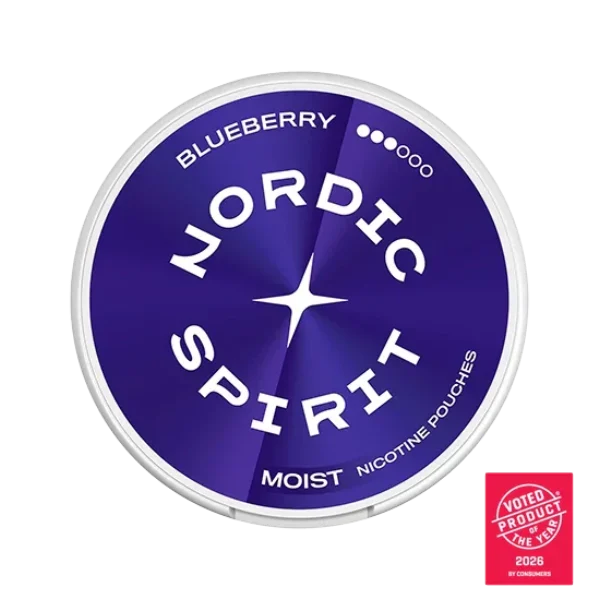 Nordic Spirit Blueberry nicotine pouch can, 9mg Strong slim all-white pouches