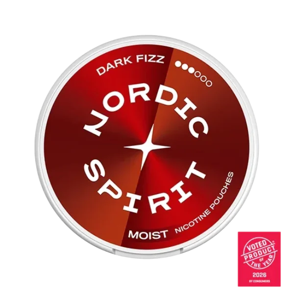 Nordic Spirit Dark Fizz nicotine pouch can, 9mg Strong slim all-white pouches