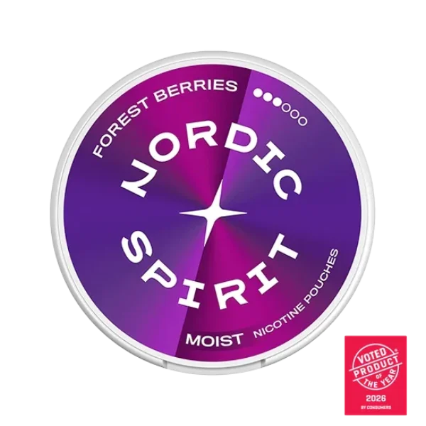 Nordic Spirit Forest Berries nicotine pouch can, deep purple magenta gradient slim moist format, Voted Product of the Year 2026