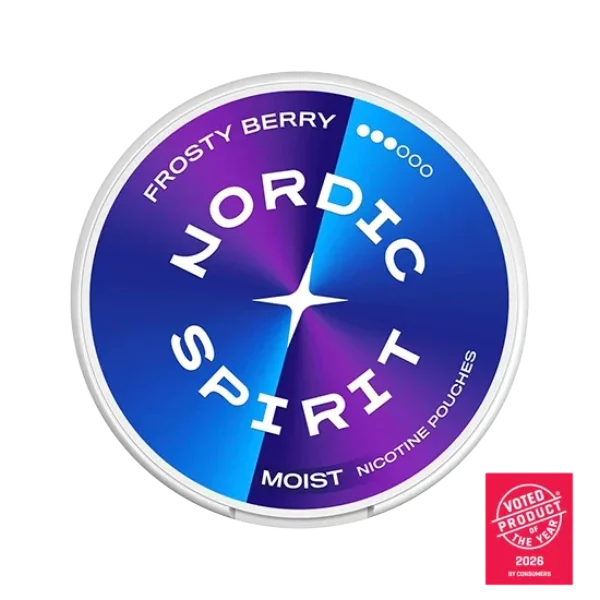 Nordic Spirit Frosty Berry nicotine pouch can, purple and blue gradient slim all-white format